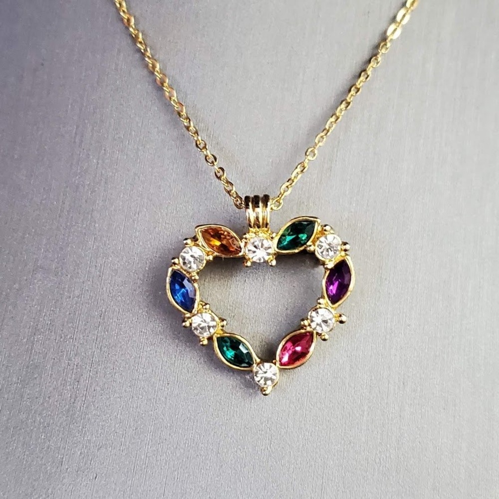 Gold Tone Heart Pendant Necklace Multi Color Rhinestone Convertible Brooch Pin